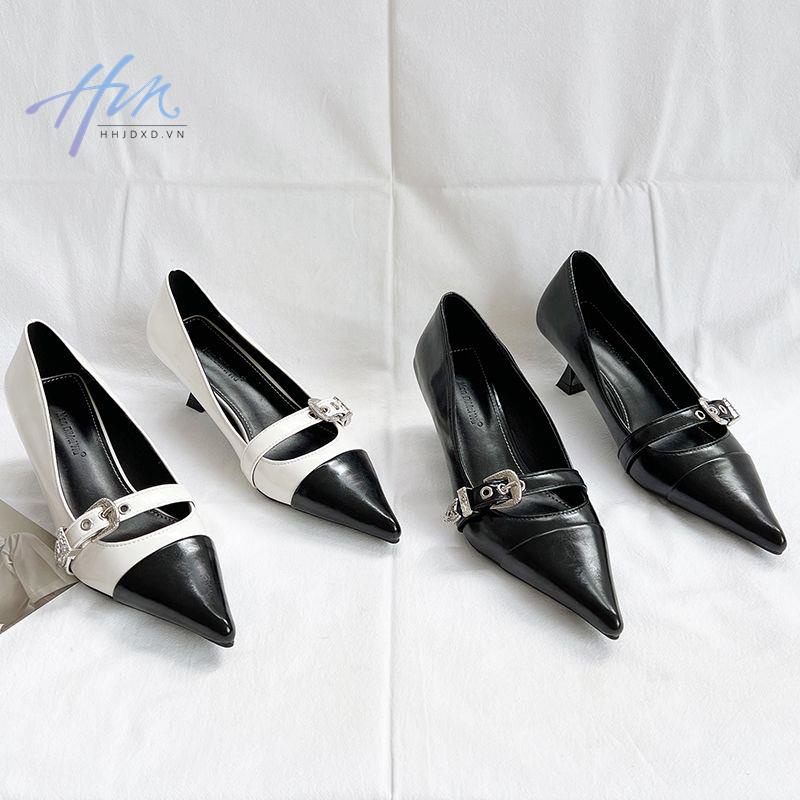 Giày Cao Gót Mary Jane Mũi Nhọn Phối Khóa Cài Màu Sắc Retro Thời Trang Mùa Thu 2022 Dành Cho Nữ