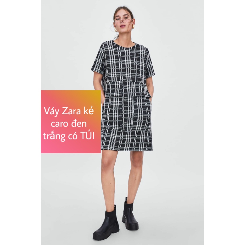 Thanh lý váy Zara kẻ caro đen trắng có TÚI size S