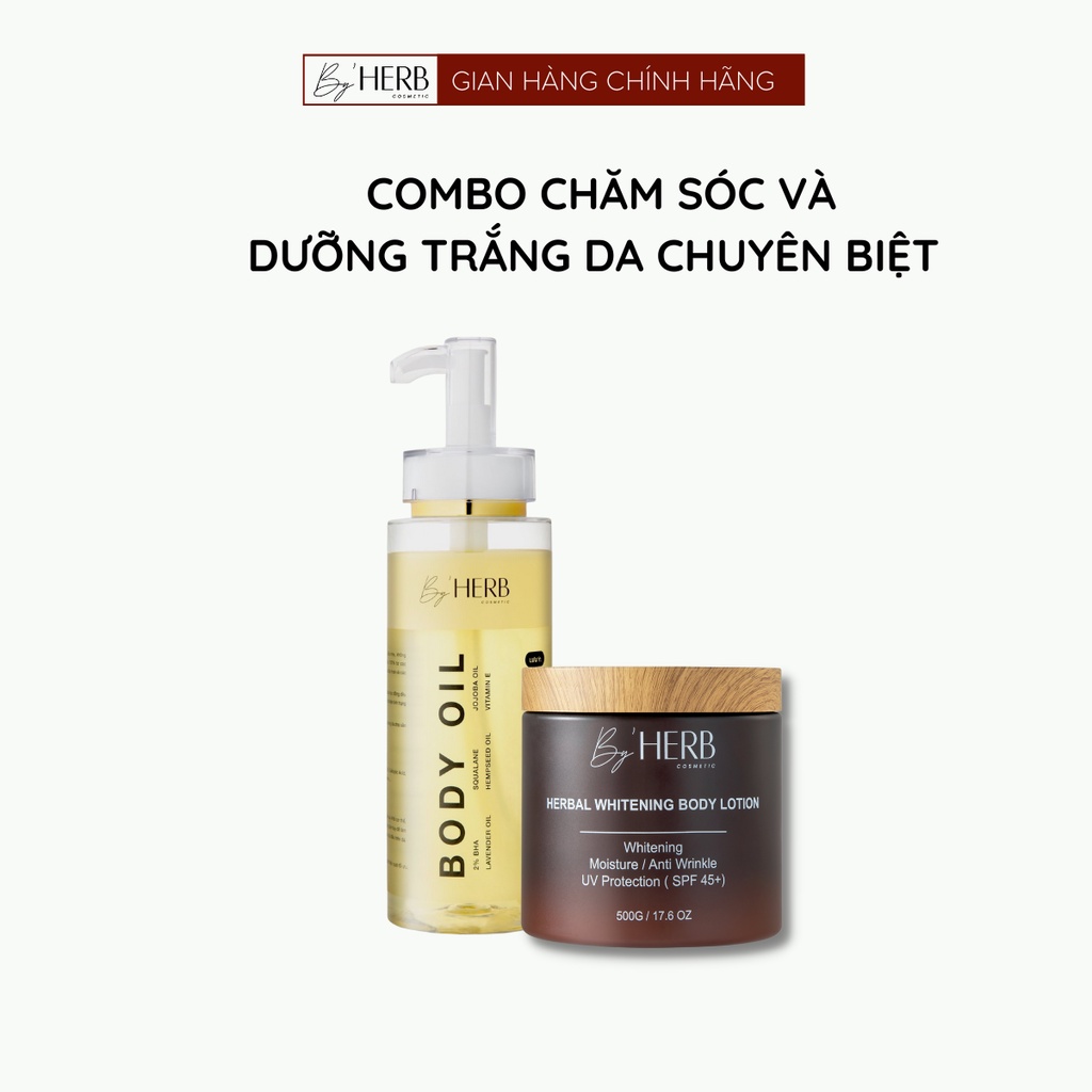 Combo Dưỡng Trắng Da Body Herbal Whitening Body Lotion 500g và Dầu Dưỡng Da Body Oil Bha By'HERB 250ml