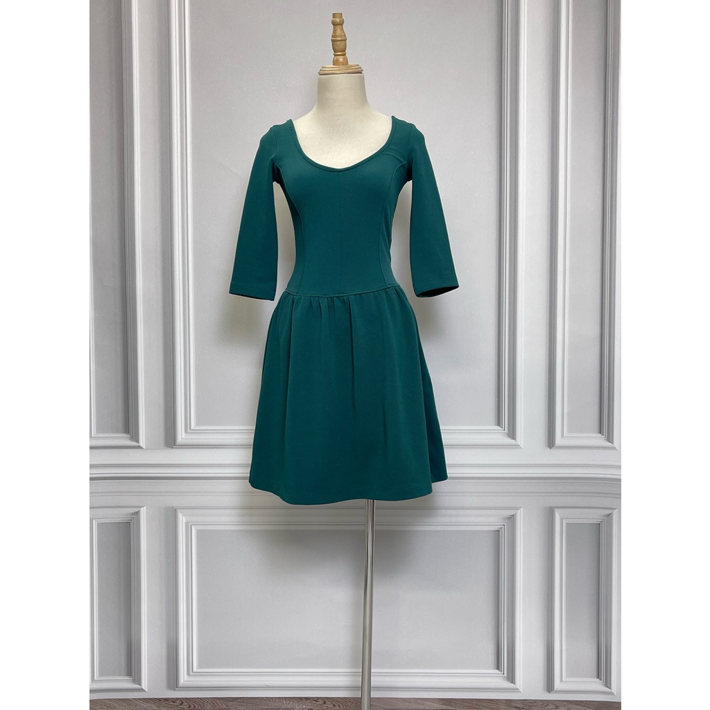V1142 Váy tay dài BERSHKA hàng hiệu chính hãng thời trang nữ màu xanh cổ vịt size S secondhand thanh lý ký gửi