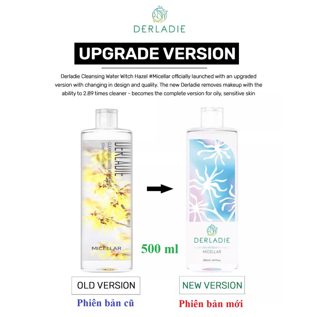Nước Tẩy Trang Làm Sạch Sâu Cho Da Mụn Derladie Cleansing Water Witch Hazel