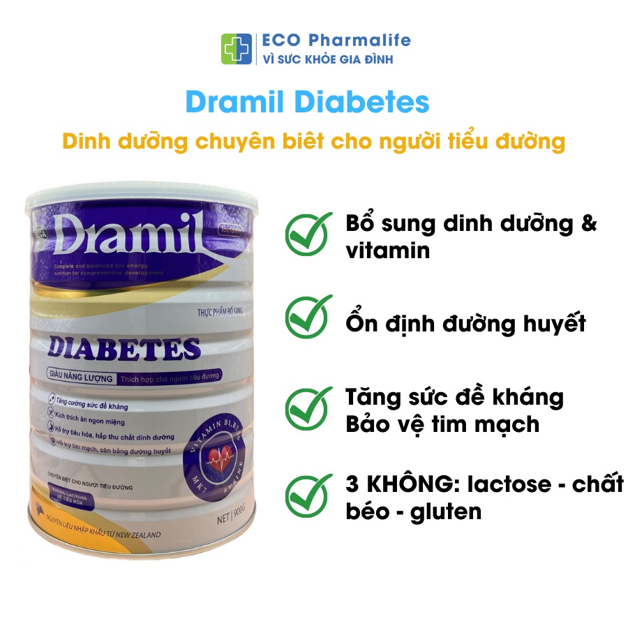 Dramil Diabetes 900g Sữa y tế chuyên biệt dành cho người tiểu đường