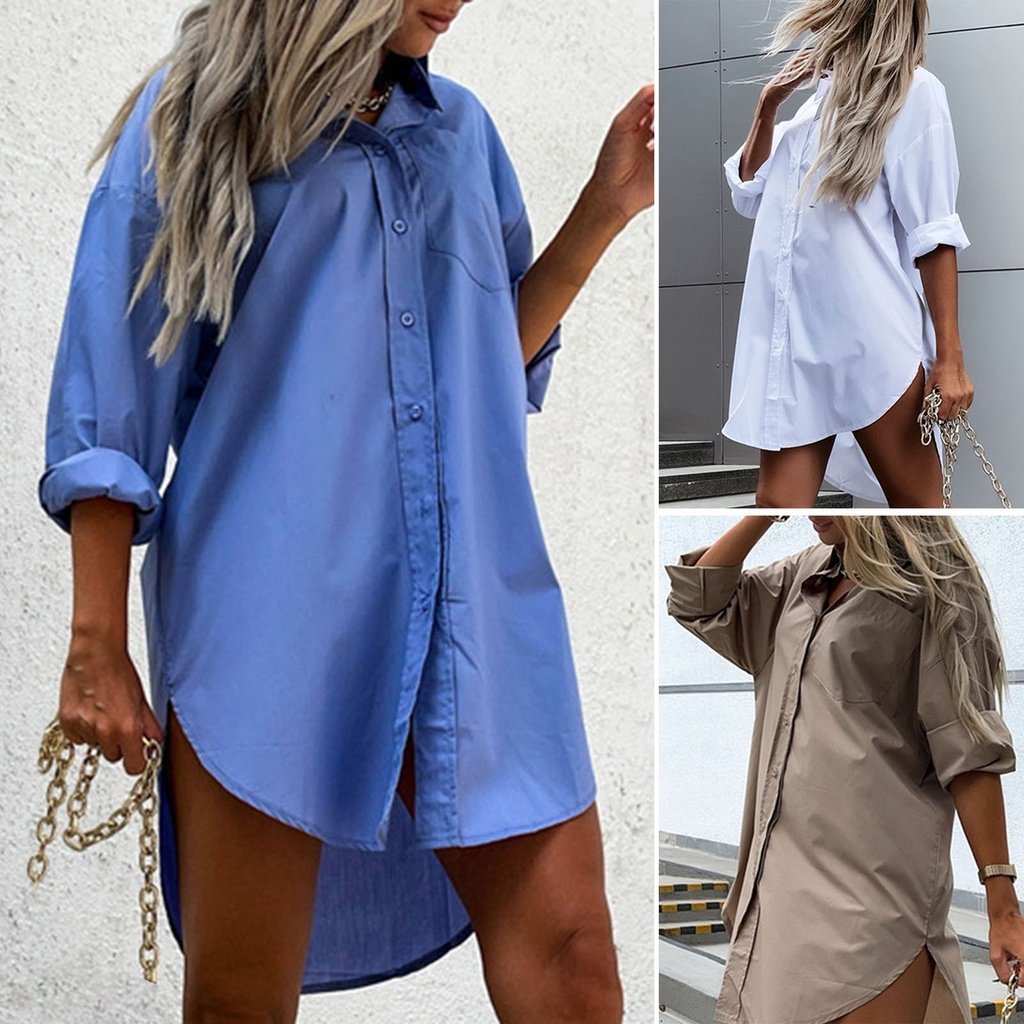 Sa-lapel Áo Sơ Mi Công Sở Dài Ngang Hông Dáng Rộng Xẻ Tà Một Hàng Nút Cài Một Hàng Khuy Cao Vừa Vặn Tay Dài Cho Nữ