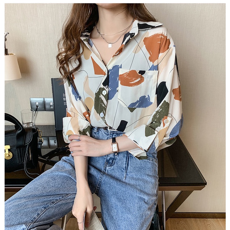 ZHELIHANGFEI Áo Sơ Mi Tay Dài Dáng Rộng In Họa Tiết Độc Đáo Thời Trang Mùa Thu Cho Nữ