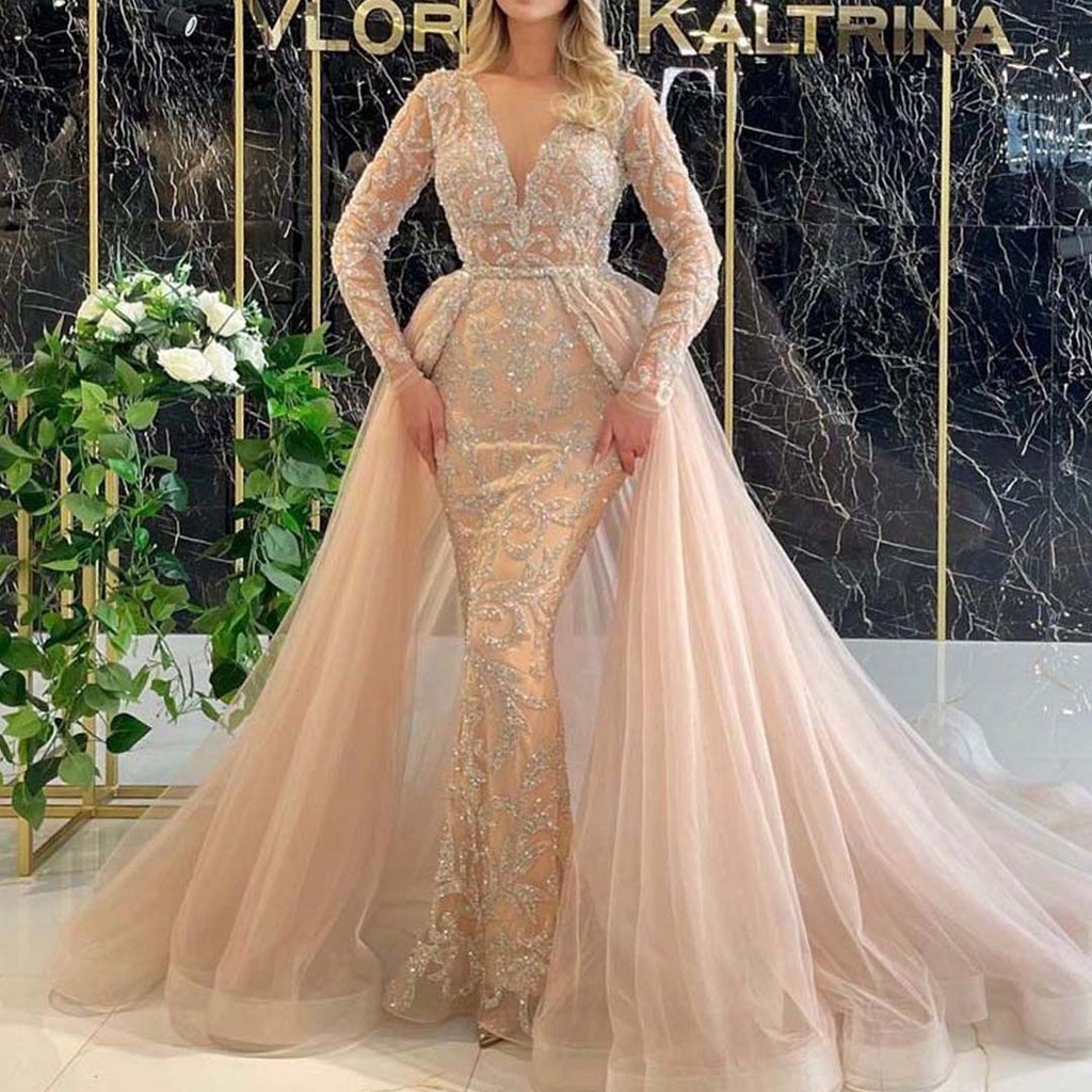 Đầm Dự Tiệc Cổ Chữ V Khoét Sâu Tay Dài Phối Ren Lưới Đính Kim Sa Lấp Lánh Thời Trang 2023 Sang Trọng Cho Nữ