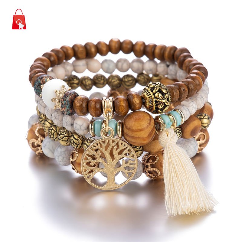 Set 4 Vòng Tay Hạt Gỗ Thời Trang Boho Cho Nữ