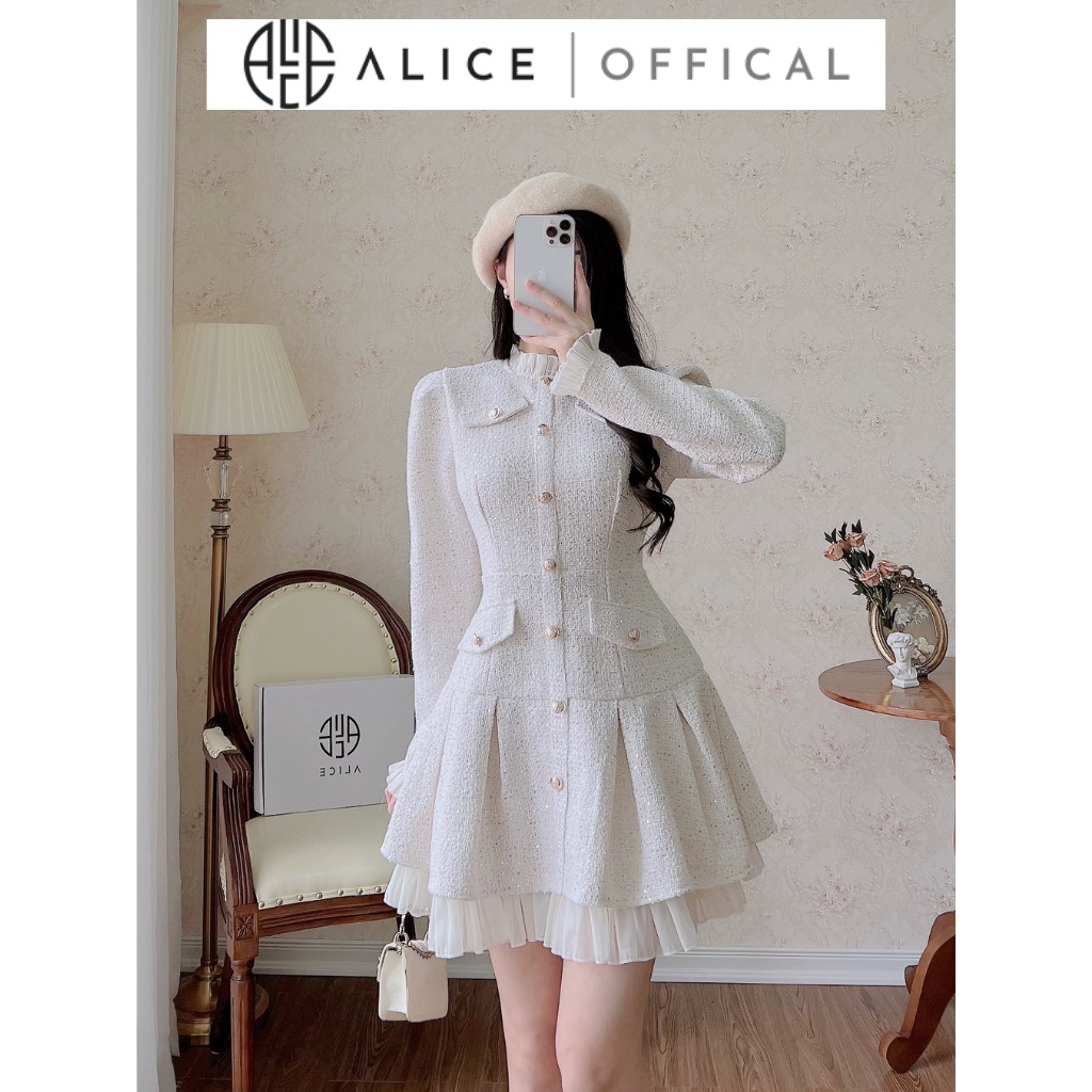 Váy Dạ Tweed Tiểu Thư ALICE Set Váy Dạ Tay Dài, Váy Tết, Váy Mùa Đông Nữ Thiết Kế Kim Sa Phối Tơ Nhũ Dáng Xoè V1059