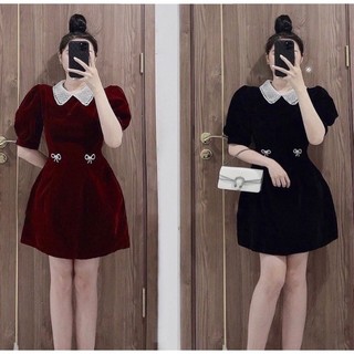 BIGSIZE HIẾU HIẾU ( Đầm nhung cổ ren đính nơ đá 55-100kg )