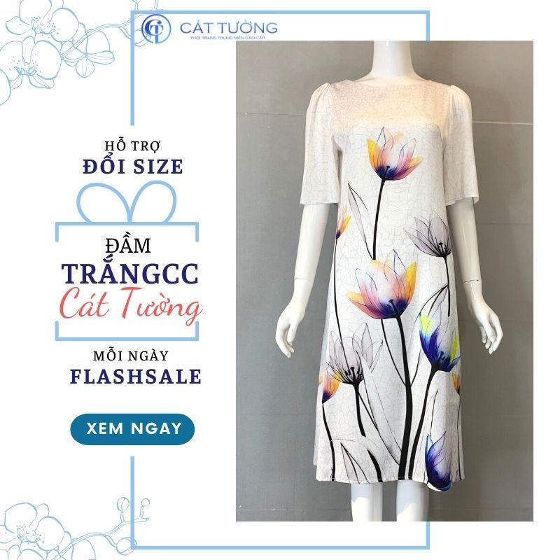 Đầm kiểu thiết kế tặng bà, tặng mẹ họa tiết hoa sang trọng nổi bật màu trắng cao cấp - Thời trang Cát Tường