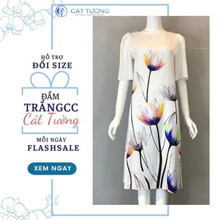 Đầm kiểu thiết kế tặng bà, tặng mẹ họa tiết hoa sang trọng nổi bật màu trắng cao cấp  - Thời trang Cát Tường