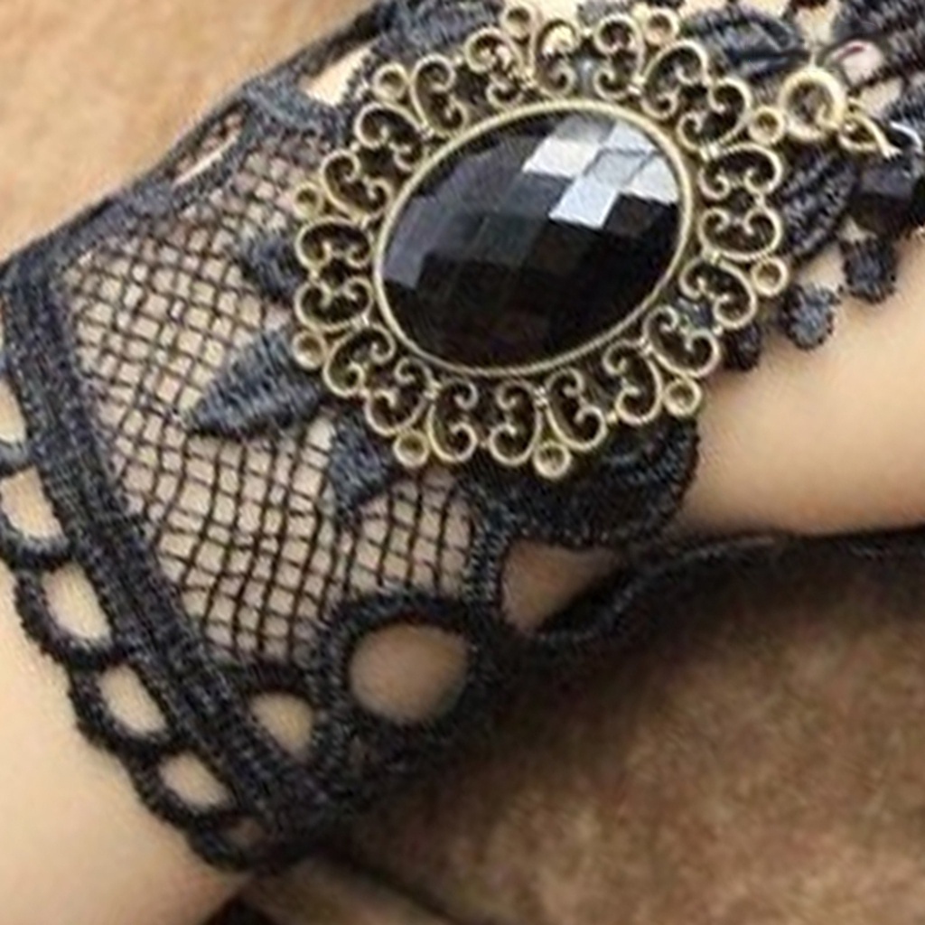 Bộ Trang Sức Vòng Cổ + Bông Tai + Vòng Tay Ren Hoa Đính Đá Nhân Tạo Phong Cách Gothic Punk