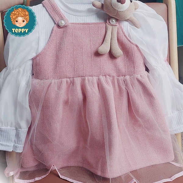 Đầm, váy nhung nhũ hồng kèm gấu, kèm áo