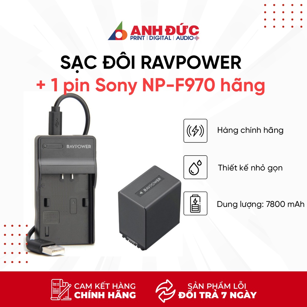 Bộ sạc Ravpower kèm 1 pin Sony NP-F970 Chính Hãng, Bảo hành 15 tháng