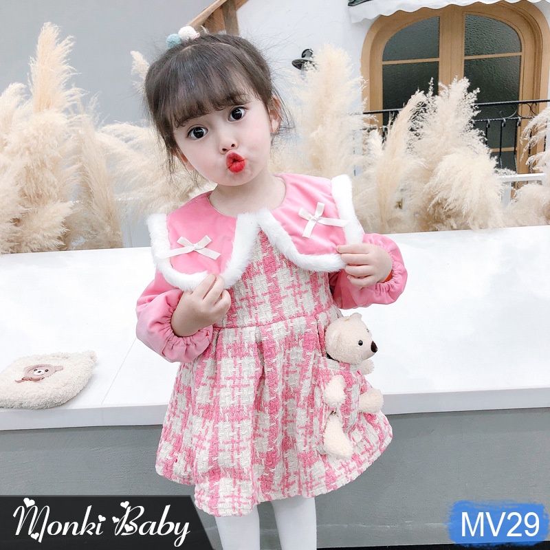 Váy dạ bé gái lót lông cùng gấu bông nhỏ xinh xắn, chất dạ xù dày dặn, mềm đẹp, dáng công chúa | MV29