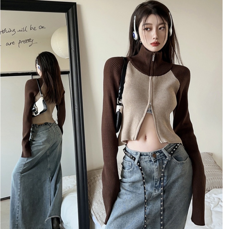 Áo Khoác Len Tay Dài Màu Sắc Tương Phản Phong Cách Hàn Quốc Dành Cho Nữ