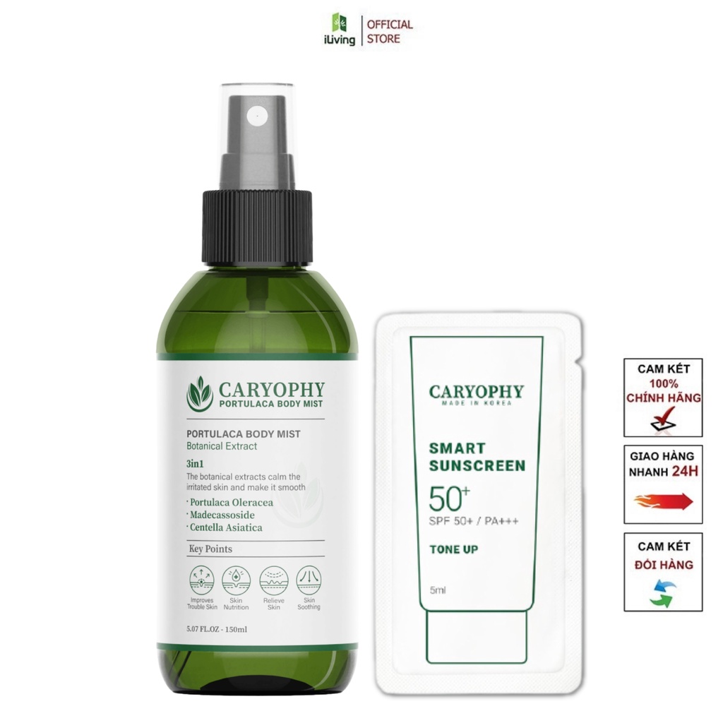 Bộ dưỡng da giảm mụn mờ thâm Caryophy Portulaca (xịt mụn lưng 150ml + kem chống nắng 5ml) ILIVING-CARCBXMLKCN5