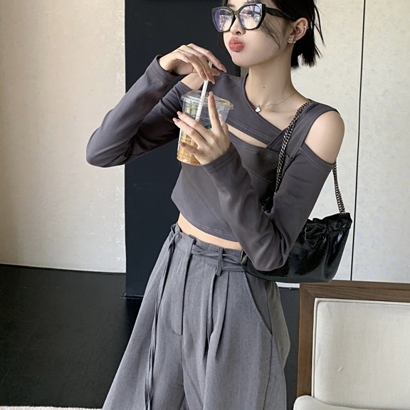 Áo thun SUXI trễ vai dáng ôm màu trơn thời trang mùa thu dành cho nữ