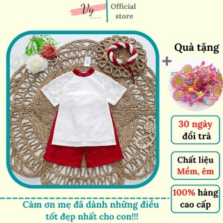 Áo dài bé gái cách tân thiết kế ren trắng kèm mấn, áo dài tết cho bé gái chất đẹp, váy tết