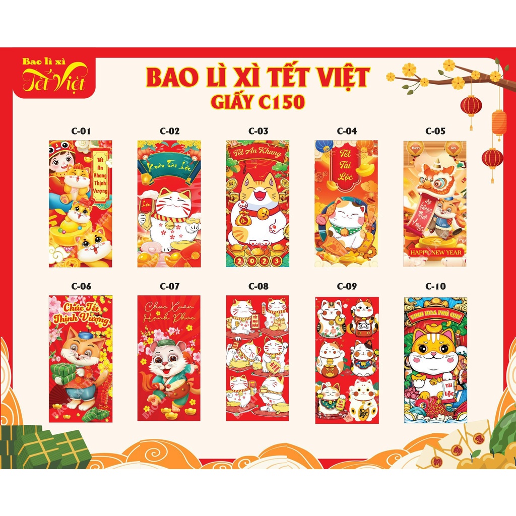 Set 10 Bao Lì Xì, Thiệp Tết 2023 Giấy Dày C150, Mẫu Mã Mèo Đa Dạng, Độc Lạ, Cute, Dễ Thương