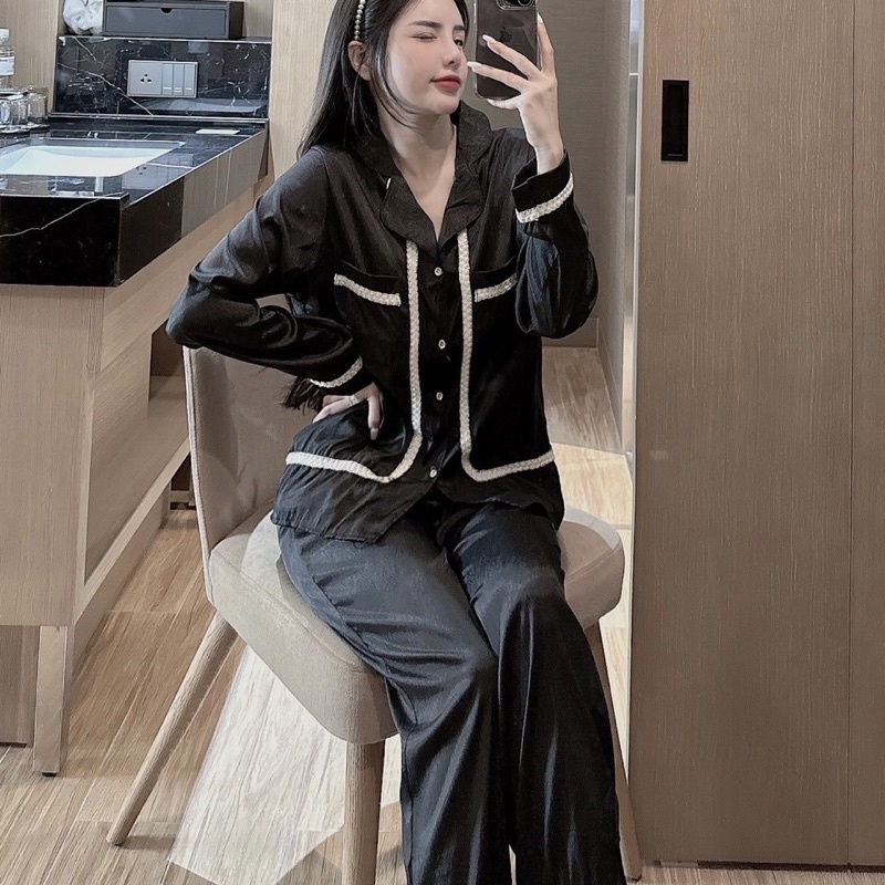 Bộ Ngủ Pyjama Phối Viền Đen Lụa Sước Ánh Kim Cao Cấp Sz 40-60kg