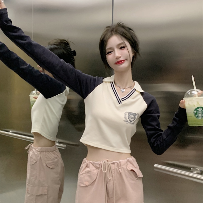 Áo thun croptop SUXI tay dài cổ chữ V dáng ôm thời trang mùa xuân cho nữ