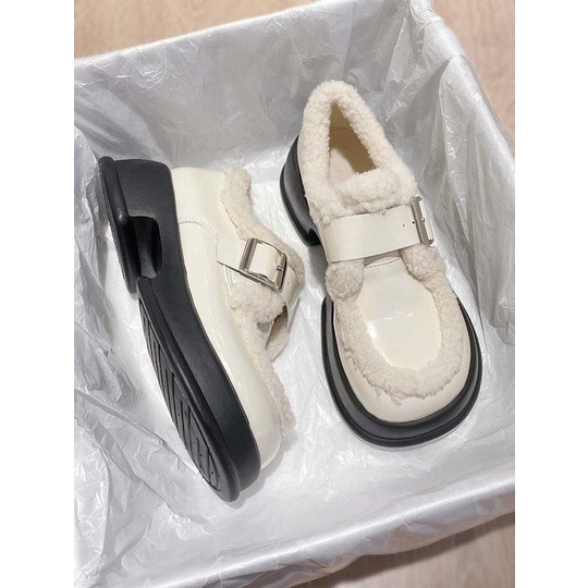 Giày da nhỏ kiểu Nhật lót nhung mẫu hot trên mạng giày đơn đồng phục thời trang thu đông 2022 giày bông lông giữ ấm