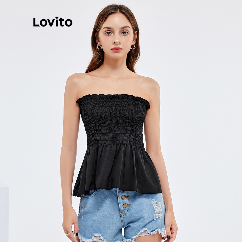 Áo kiểu Lovito thường ngày màu trơn may nhún chun lai bèo xếp nếp không dây diềm xếp nếp L25AD037 (màu đen)