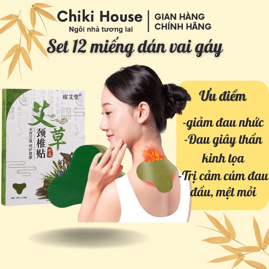 Miếng dán vai gáy giảm đau nhức mệt mỏi, hộp 12 miếng dán ngải cứu cao cấp chiki house