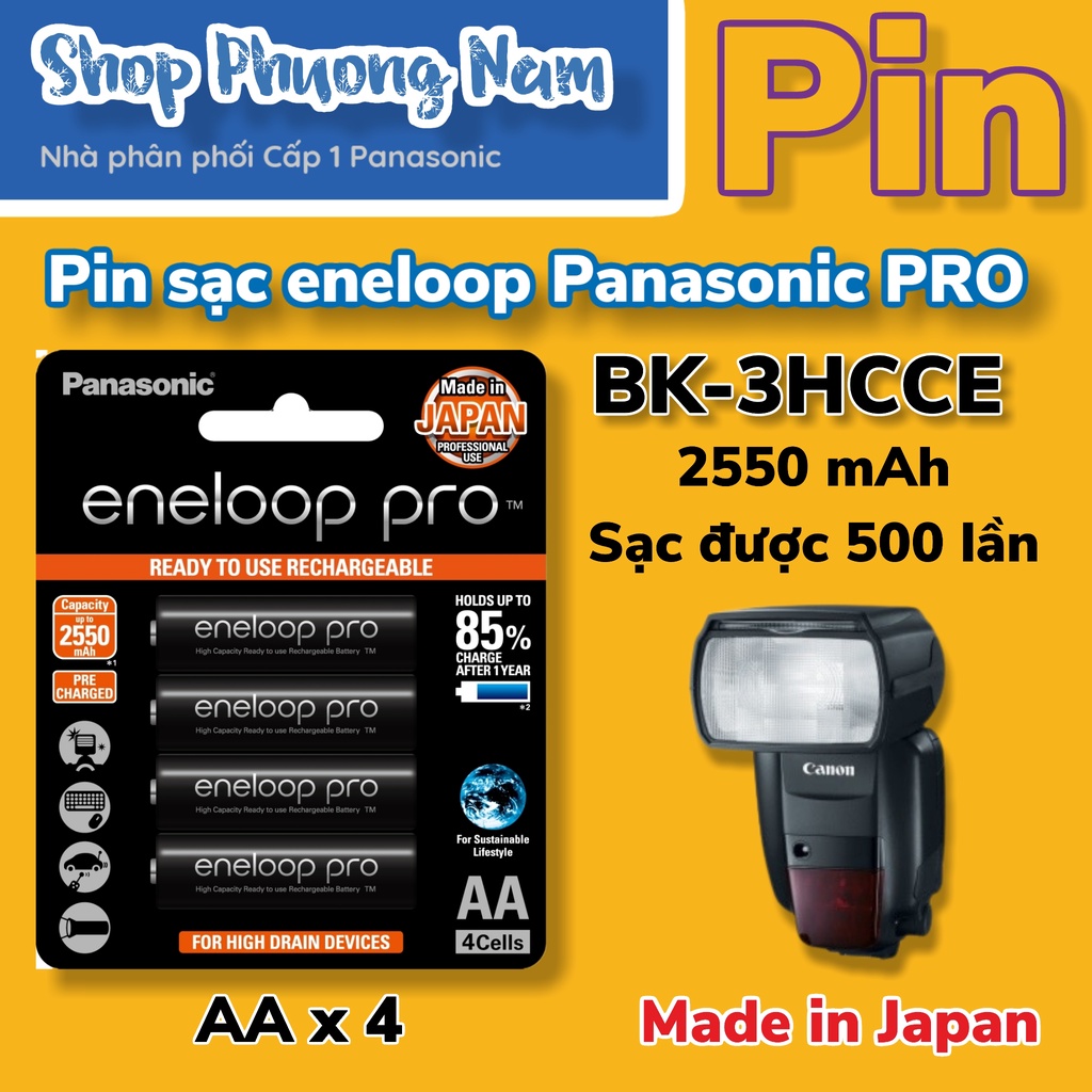 Pin sạc eneloop PRO Panasonic tiểu AA 2550mAh, 1,2V, 1 vỉ 2 viên, đèn FLASH camera, Made in Japan BK-3HCCE4BT3