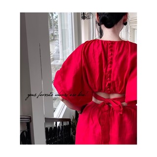 Váy đầm tay phồng- váy dự tiệc, kiểu nút bọc sau lưng khoét eo tôn dáng- Linen cao cấp