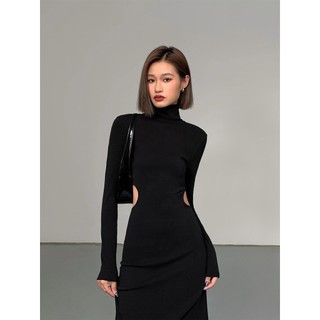 Váy Thun Cổ Cao Dáng Dài Khoét Eo Cá Tính, Đầm Thu Đông - Ellie Dress