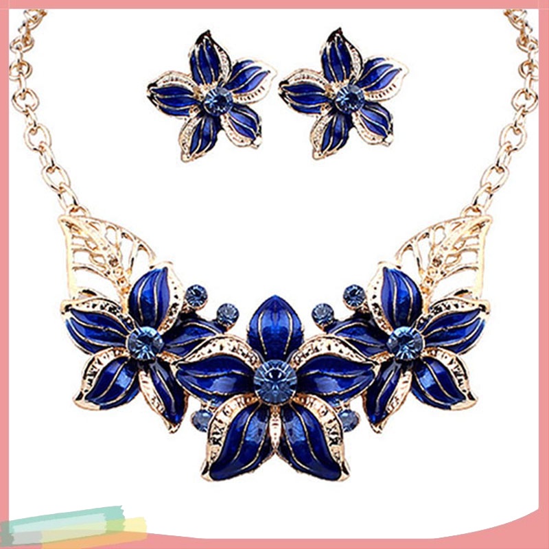 Bộ Vòng Cổ + Bông Tai Hình Hoa Đính Đá Thời Trang Thanh Lịch