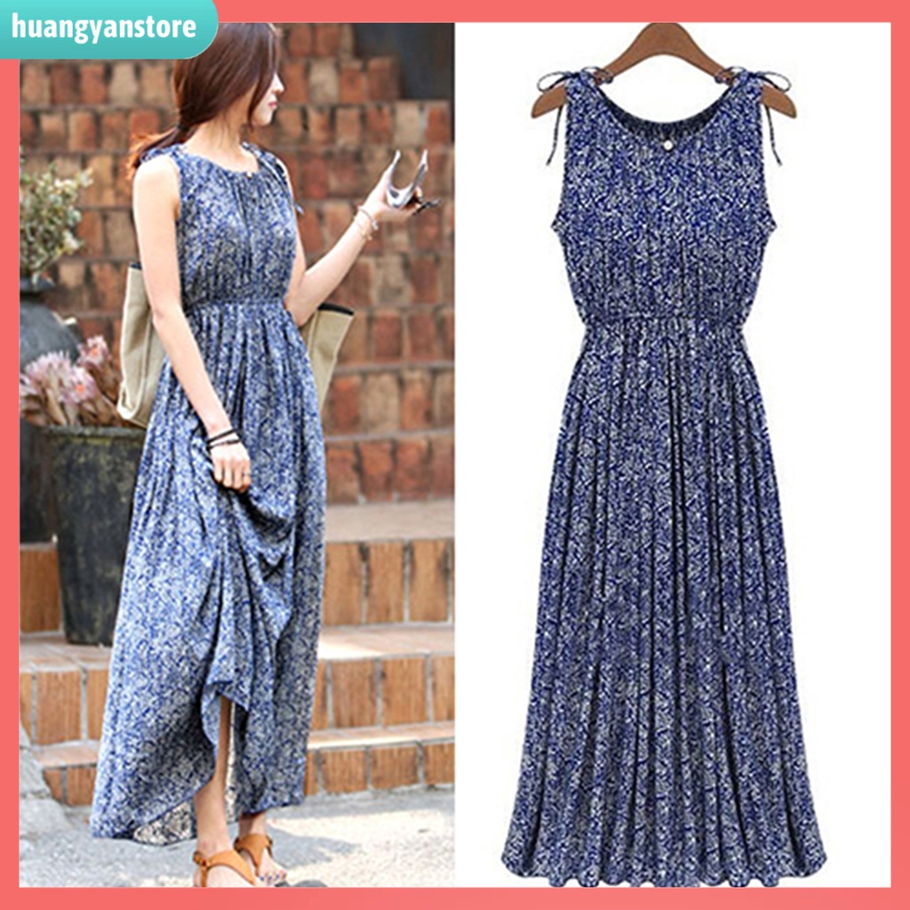 HY/ Váy maxi không tay in hoa phong cách Boho thời trang cho nữ