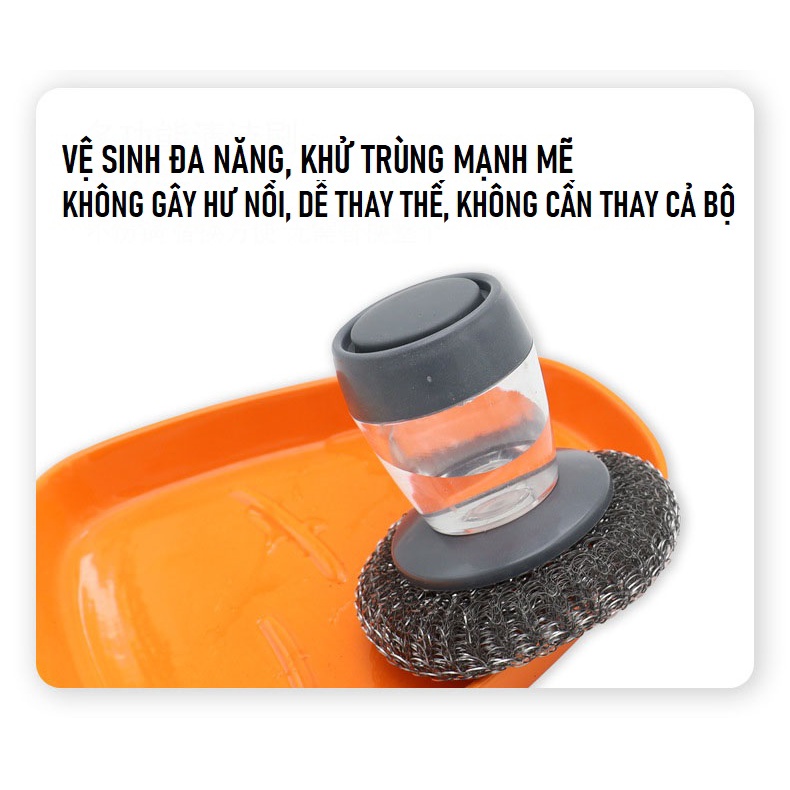 Bàn chải dây thép cọ xoong nồi, cọ bếp, cọ rửa bát đĩa có bình đựng xà phòng tiện lợi