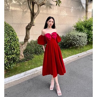 đầm đỏ nơ hồng