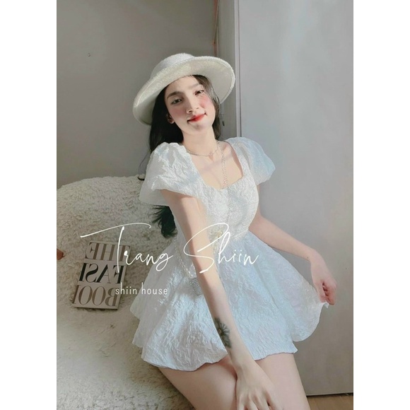 Set Bộ Gấm Áo Babydoll Thắt Lưng Tay Ngắn Phồng Kèm Quần Đùi alohashop91