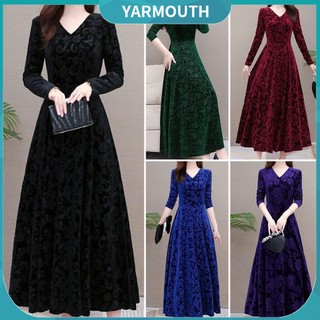 Đầm Maxi Nhung Dáng Chữ A Tay Dài Cổ Chữ V Màu Trơn Thời Trang Xuân Thu Cho Nữ
