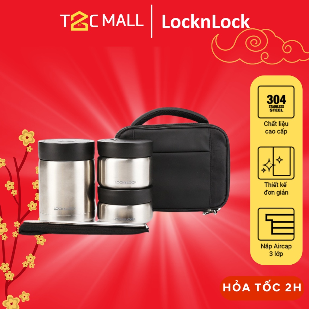 Set 3 Hộp Giữ Nhiệt Cơm Trưa Thép Không Gỉ Kèm Túi Lock&Lock LHC8031SLV - T2Cmall