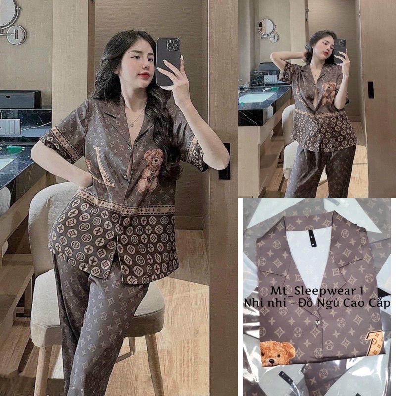 PYJAMA LỤA CỘC DÀI HOẠ TIẾT L.V GẤU XINH
