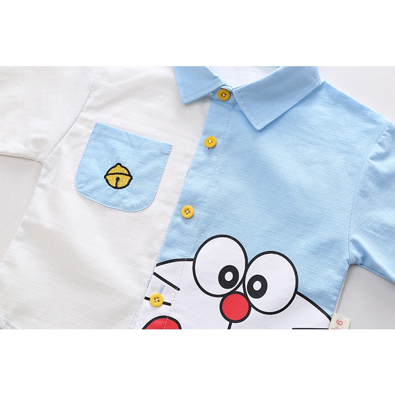 Bộ Áo Sơ Mi Tay Dài + Quần Denim Họa Tiết Doraemon Phong Cách Hàn Quốc Thời Trang Cho Bé Trai Gái 80-120cm