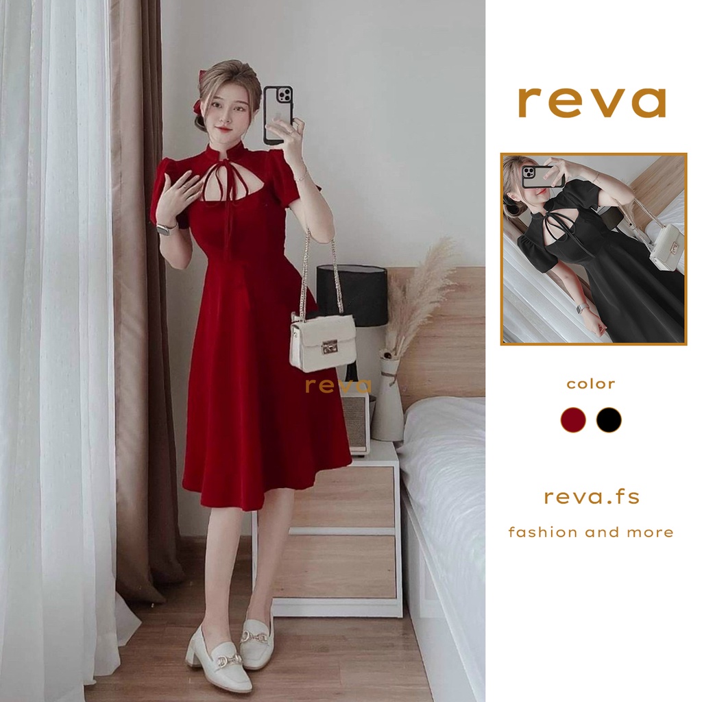 Đầm nữ xòe tay phồng cổ tàu cột nơ hở ngực (có mút) vải nhung cao cấp Đầm váy nữ mặc đi tiệc, chơi dạo phố, Tết - Reva
