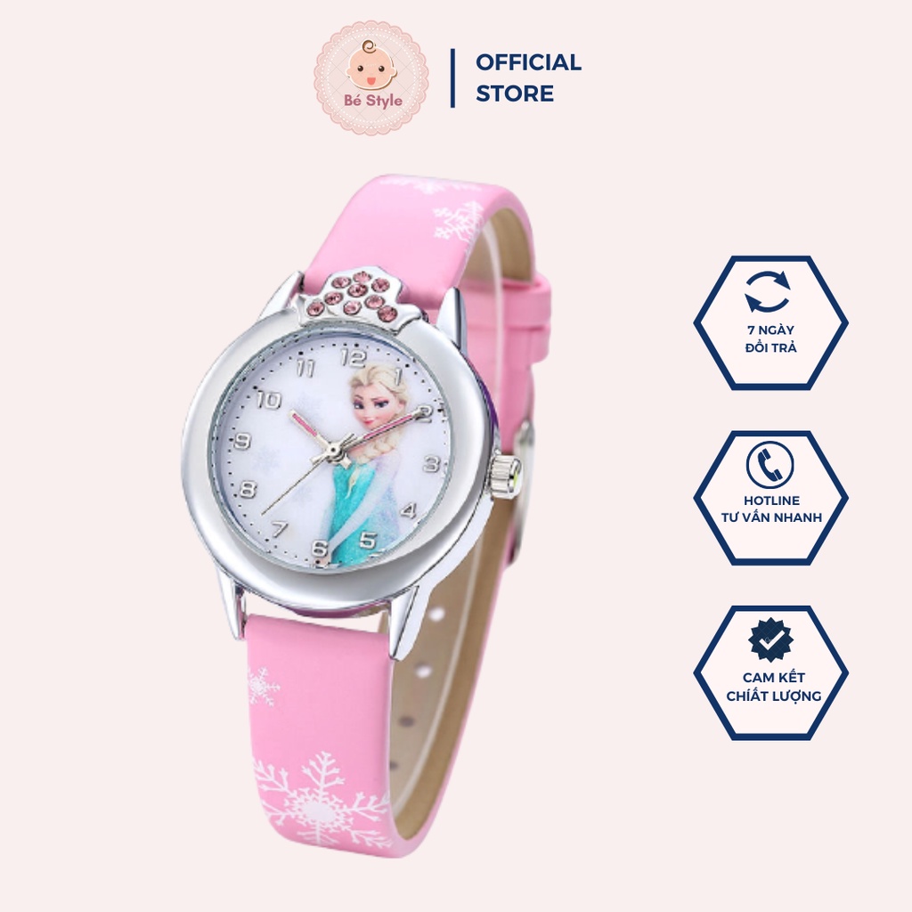 Đồng hồ trẻ em nữ dây da hình công chúa Elsa cho bé gái từ 5 tuổi đến 15 tuổi
