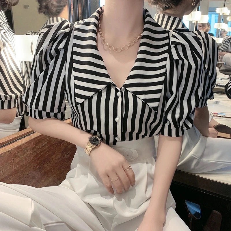Áo Sơ Mi Tay Phồng Ngắn Dáng Rộng Họa Tiết Kẻ Sọc Thời Trang Cho Nữ