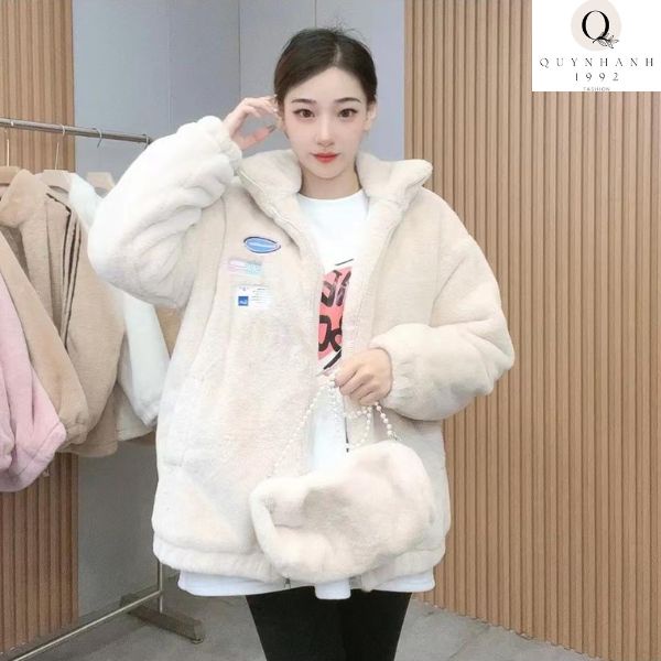 Áo khoác lông cừu, Set áo lông nữ kèm túi in logo mác xanh, Lông cừu mùa đông nữ dày dặn mẫu mới nhất 2022