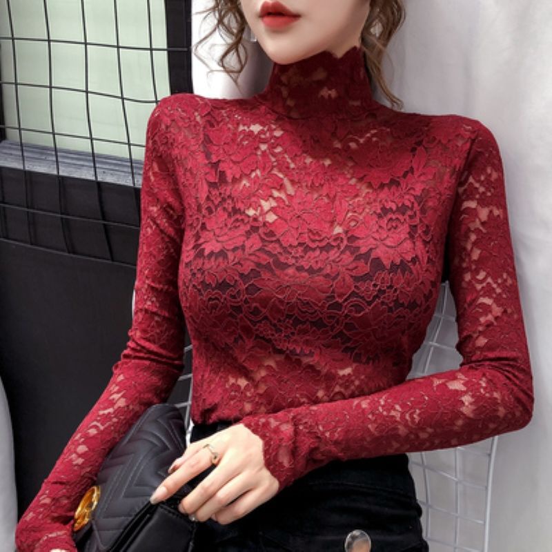 Áo Ren Lưới Đen Cổ Cao Dài Tay Thời Trang Nữ