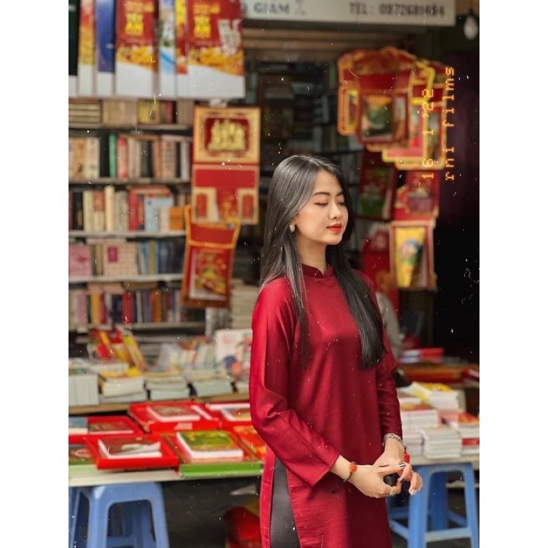 Áo Dài Dáng Xuông Tay Xoè Lỡ Cổ Cao 2P Màu Đỏ Đô NHÀ ÁO DÀI THỦY CHI