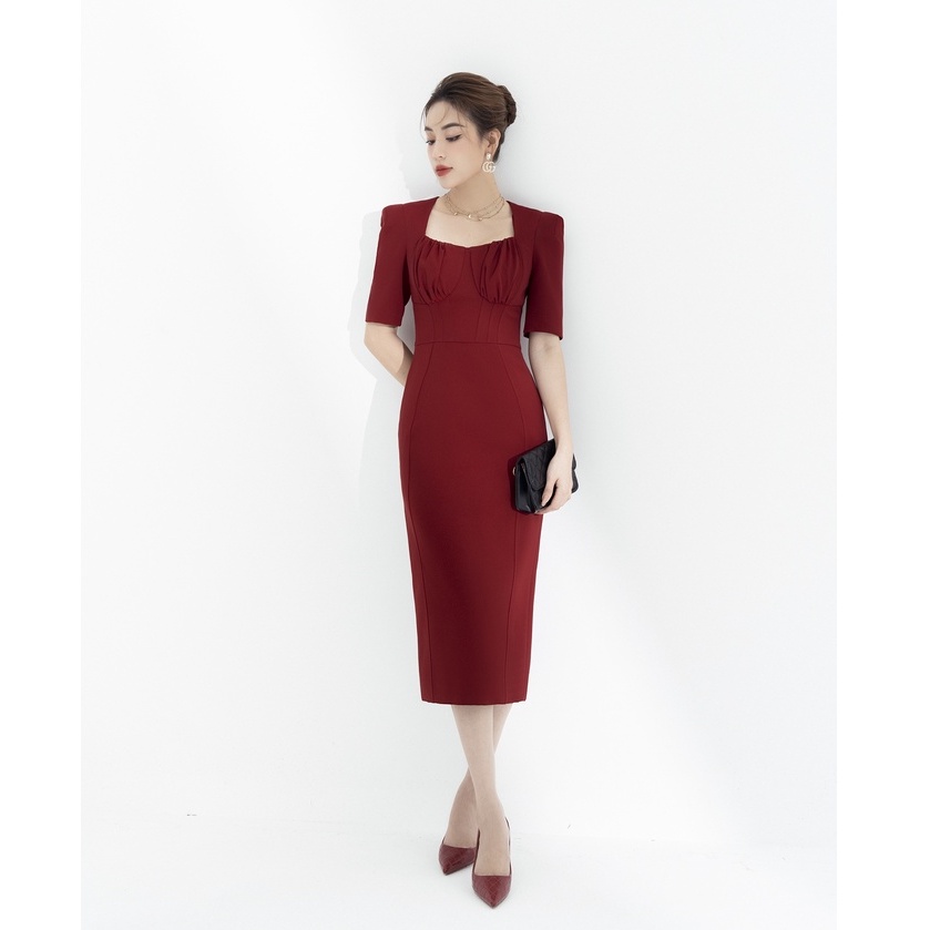 Váy Nữ Chất Liệu Chéo Ý Cộc Tay Cổ Vuông Xếp Ly Ngực Thanh Lịch Công Sở Đi Tiệc Đi Chơi By LEMIA Design - 22V055