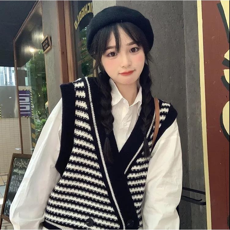 Áo Cardigan Dệt Kim Cổ Chữ V Không Tay Họa Tiết Kẻ Sọc Hợp Thời Trang