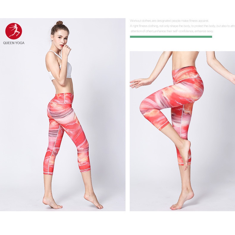 Quần Legging Lửng Tập Yoga Tôn Eo Nâng Mông Co Giãn Thoải Mái 4 Chiều Họa Tiết Màu Đỏ