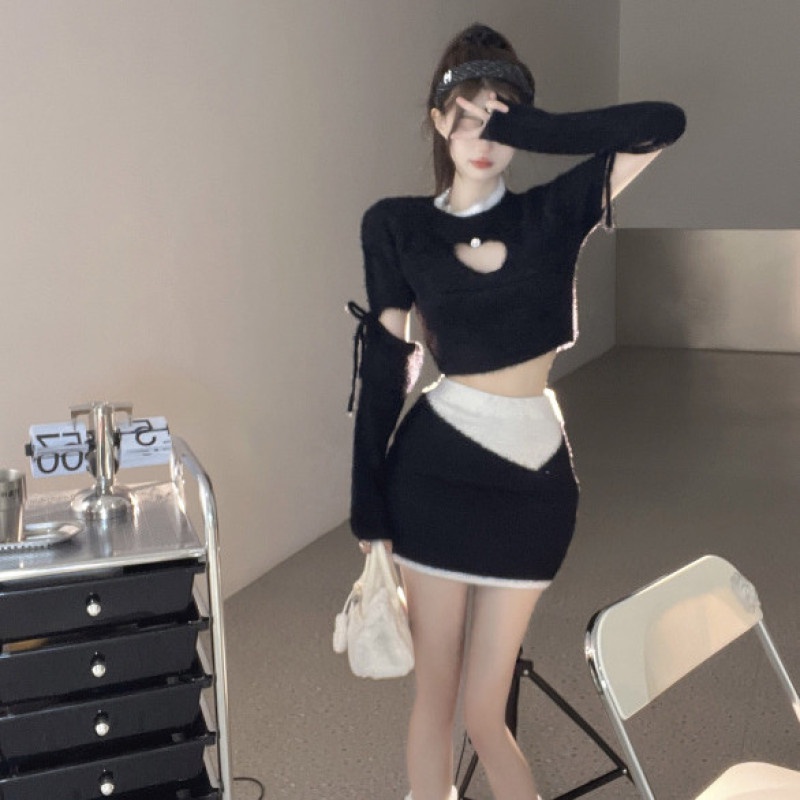 Bộ Áo Dệt Kim Tay Dài + Chân Váy Thời Trang Xinh Xắn Cho Nữ Mùa Thu Đông